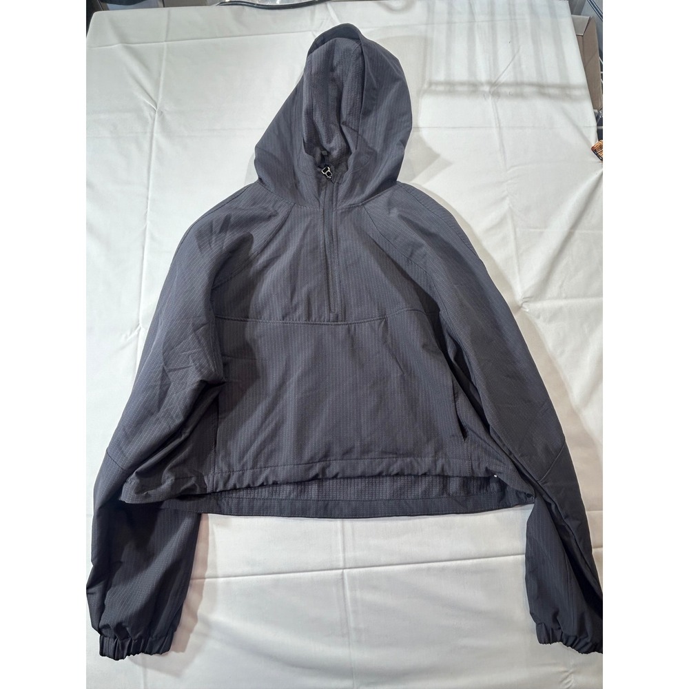 Zyia Active Womens Gray Grid Texture Quarter Zip Cropped Hooded Windbreaker L
